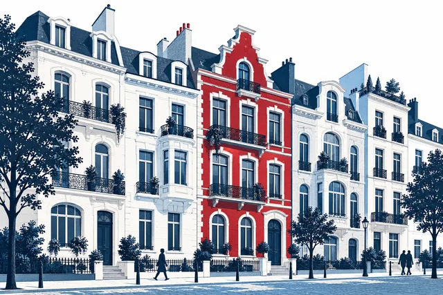 Illustration de façades bruxelloises, avec une maison rouge parmi les tons bleu marine.