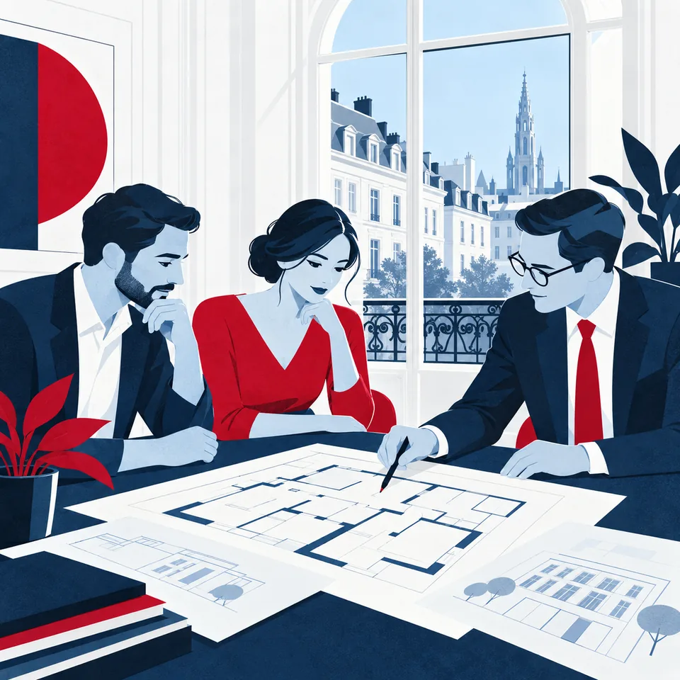 Illustration d’un gestionnaire et de copropriétaires réunis autour d’un plan.