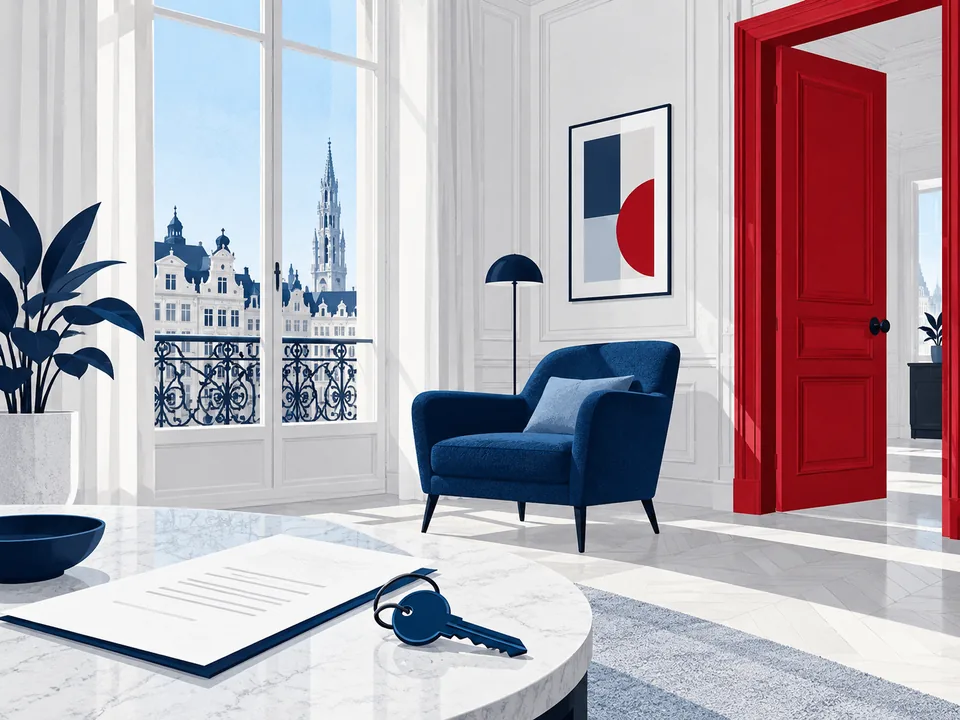 Illustration d’un intérieur bruxellois lumineux, avec une porte rouge et un fauteuil bleu marine.